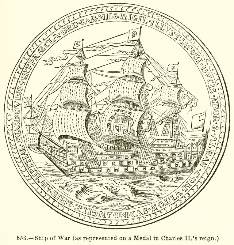 Kriegsschiff (wie auf einer Medaille aus der Regierungszeit von Charles II dargestellt) von English School