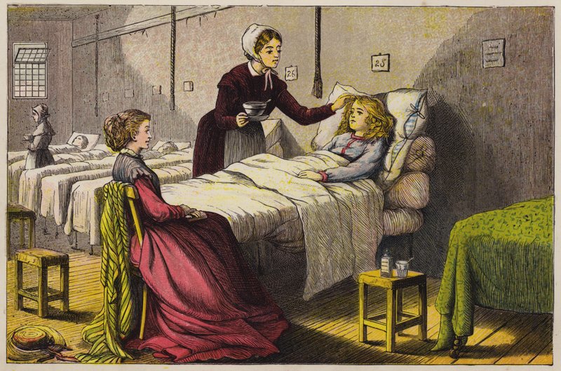 Krankes kleines Mädchen wird im Krankenhaus gepflegt von English School