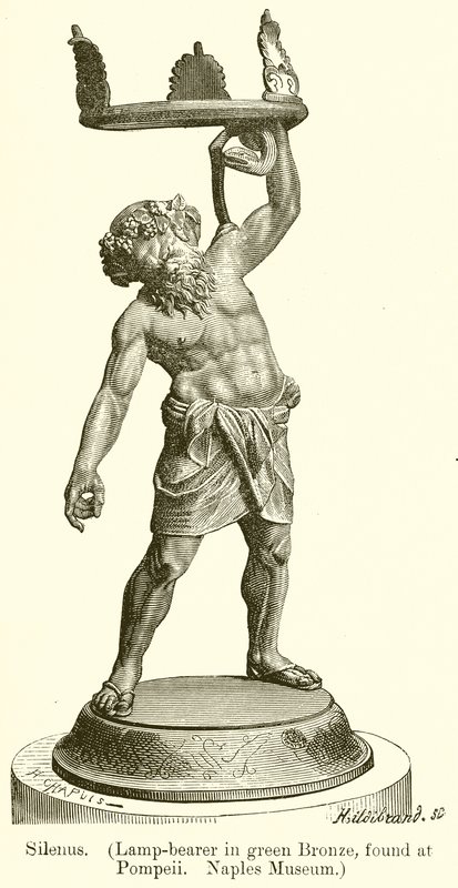 Silenus. (Lampenträger in grünem Bronze, gefunden in Pompeji. Neapel Museum) (Stich) von English School