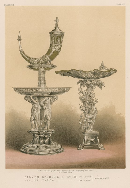 Silberne Epergne und Horn von Hertz, Silberne Tazza von Dahl, Kopenhagen von English School