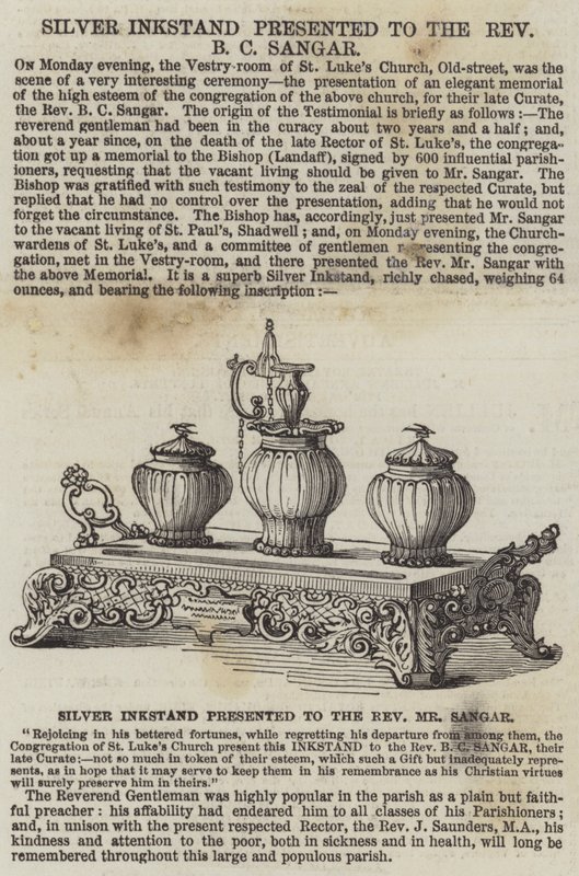 Silbernes Tintenfass, präsentiert an Reverend B C Sangar (Stich) von English School