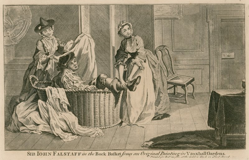 Sir John Falstaff im Wäschekorb, aus einem Originalgemälde in den Vauxhall Gardens, London von English School