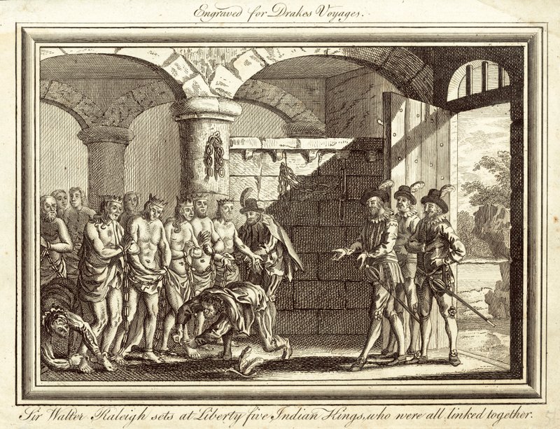 Sir Walter Raleigh befreit fünf indianische Könige, die alle miteinander verbunden waren (Gravur) von English School