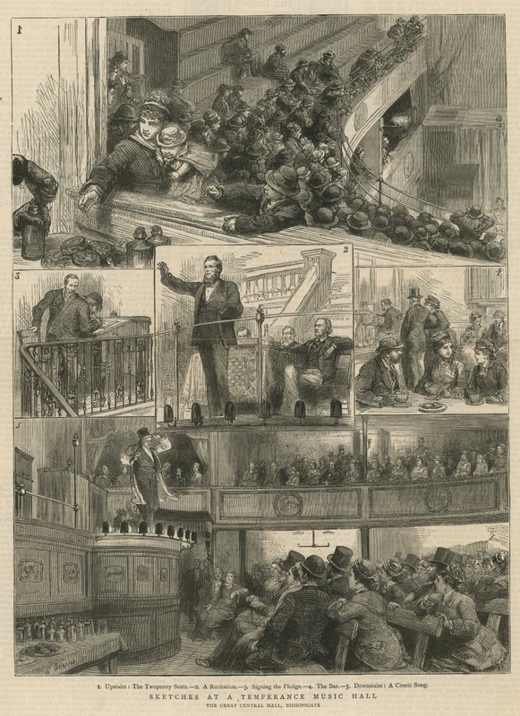 Skizzen in einer Abstinenzler-Musikhalle, The Great Central Hall, Bishopsgate von English School