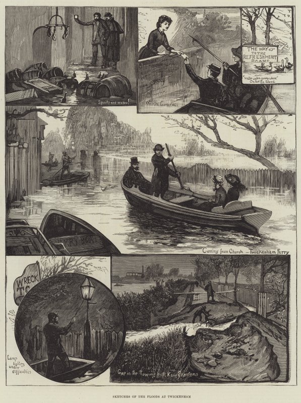Skizzen der Überschwemmungen in Twickenham (Stich) von English School