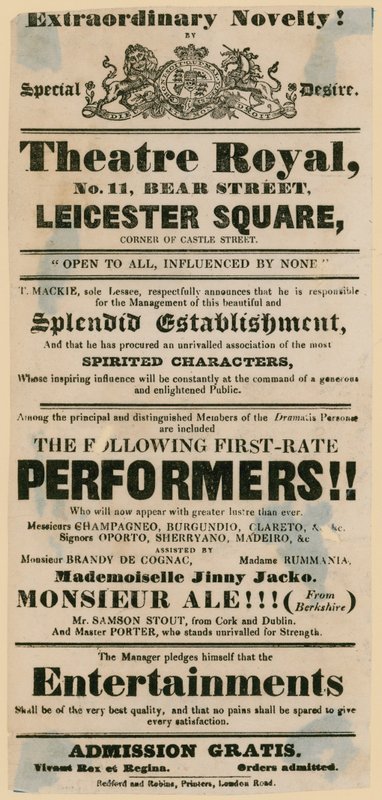 Skit-Theaterplakat, das eine Kneipe bewirbt, The Bear and Ragged Staff von English School
