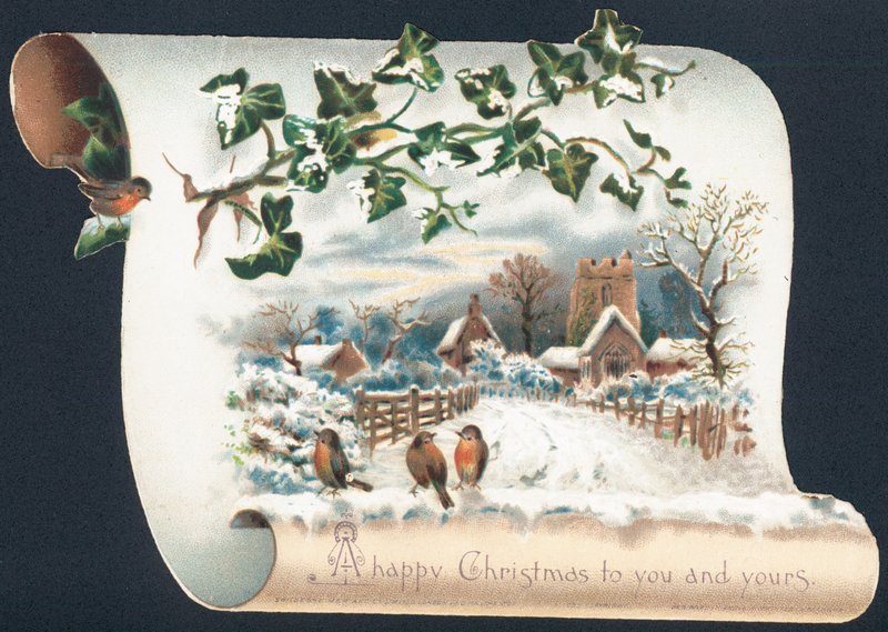 Schneelandschaft mit Rotkehlchen und Kirche, Weihnachtskarte von English School