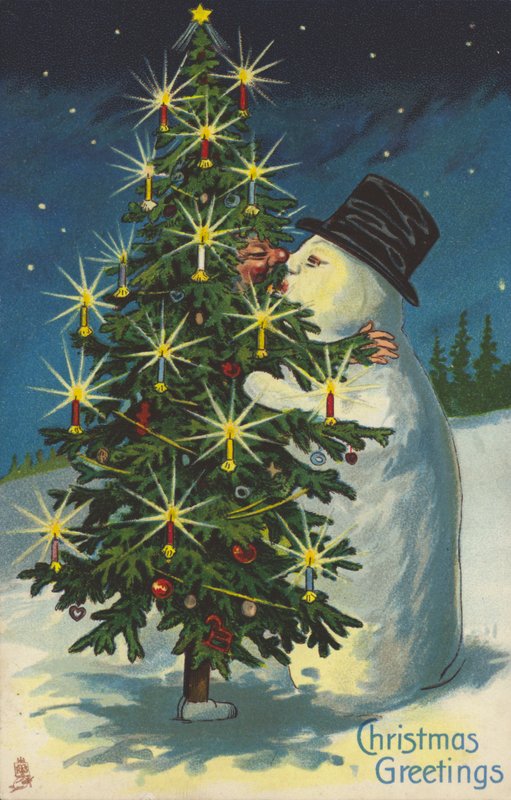 Schneemann und Weihnachtsbaum küssen sich von English School