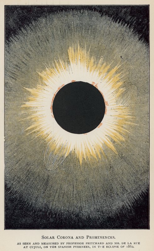 Sonnenkorona und Protuberanzen, wie von Professor Pritchard und Herrn De La Rue gesehen und gemessen von English School