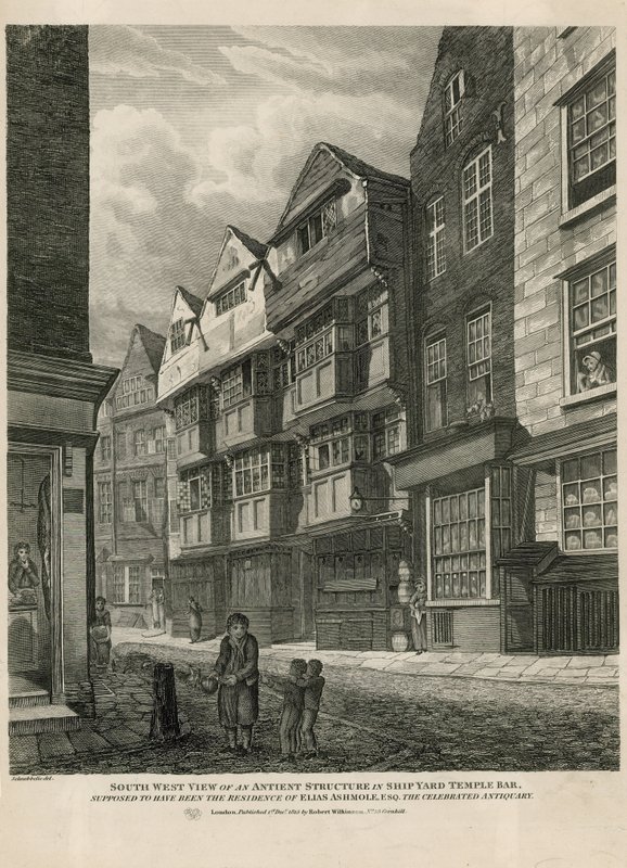 Südwestansicht einer alten Struktur im Ship Yard Temple Bar, die als Residenz von Elias Ashmole, dem berühmten Antiquar, gilt von English School