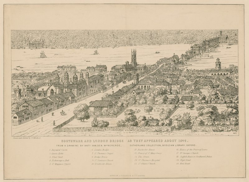 Southwark und London Bridge, wie sie um 1546 erschienen von English School