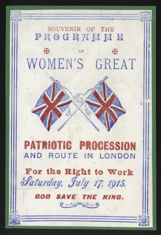 Souvenirprogramm des Frauenmarsches für das Recht auf Arbeit, London, 17. Juli 1915 von English School