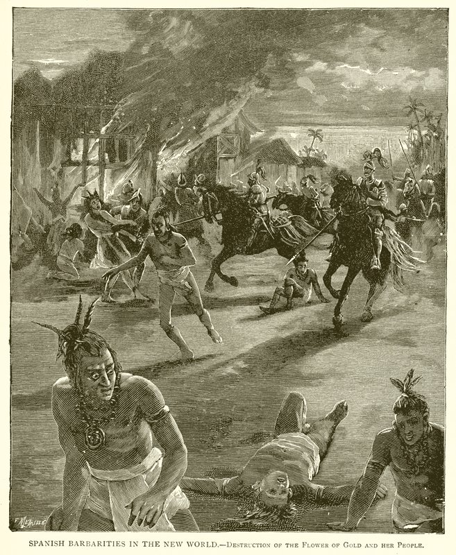 Spanische Grausamkeiten in der Neuen Welt.--Zerstörung der Blume des Goldes und ihres Volkes von English School