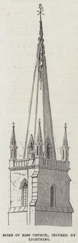 Turm der Ross-Kirche, durch Blitzschlag beschädigt (Gravur) von English School