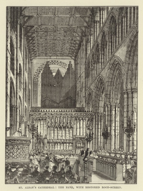 St Albans Kathedrale, das Kirchenschiff, mit restauriertem Lettner von English School