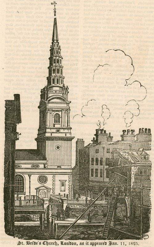 St Brides Kirche, Fleet Street, London, wie sie am 11. Januar 1825 erschien von English School