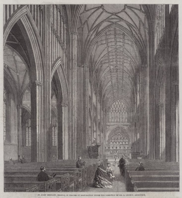 St. Mary Redcliff, Bristol, im Prozess der Restaurierung unter der Leitung von Mr. G. Godwin, Architekt (Stich) von English School