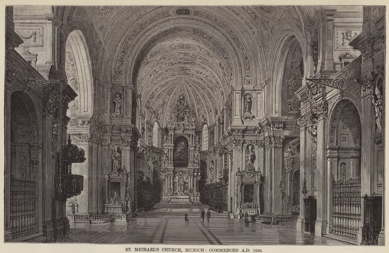 St. Michaels Kirche, München, begonnen AD 1538 (Stich) von English School