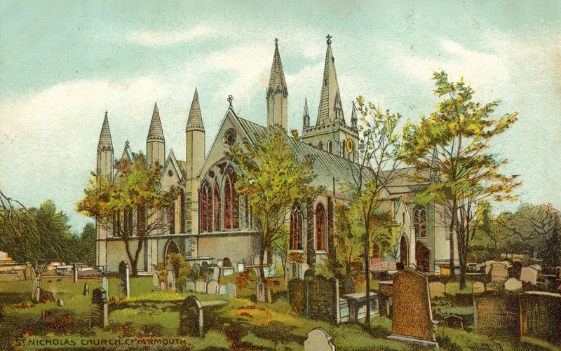St. Nicholas Kirche, Great Yarmouth (Farblithographie) von English School