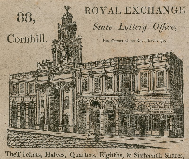 Staatslotteriebüro, östliche Ecke der Royal Exchange, 88 Cornhill, London von English School