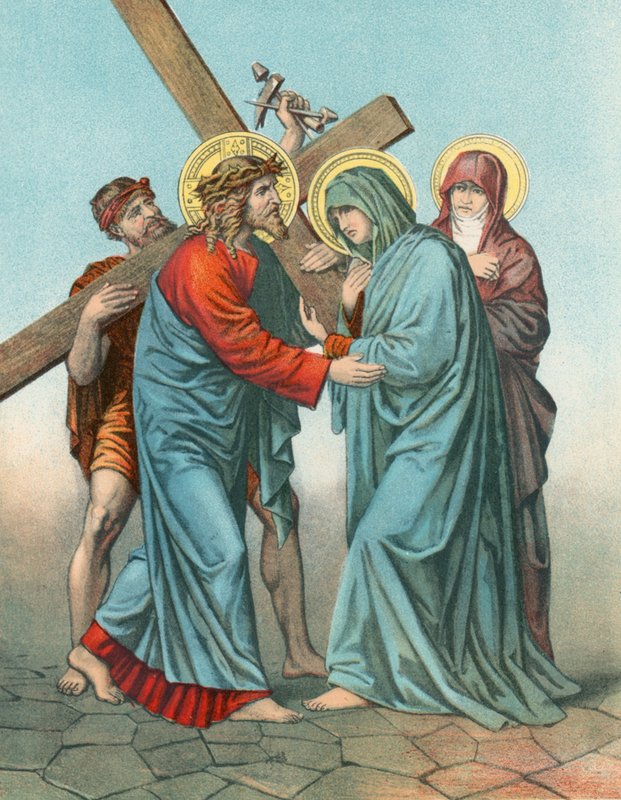 Station IV Jesus trägt das Kreuz, trifft seine am meisten betrübte Mutter von English School