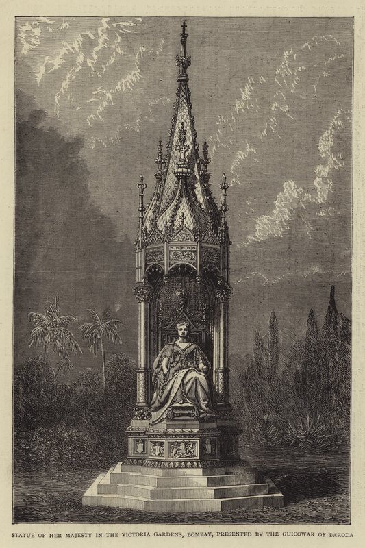 Statue Ihrer Majestät in den Victoria Gardens, Bombay, geschenkt vom Guicowar von Baroda (Stich) von English School