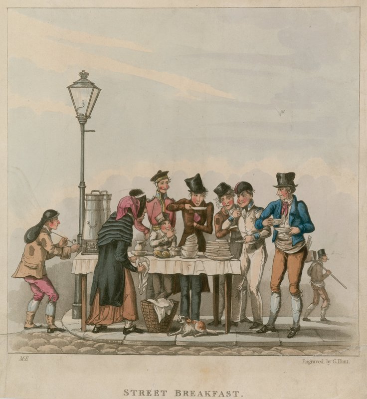 Straßenfrühstück; Karikatur von English School