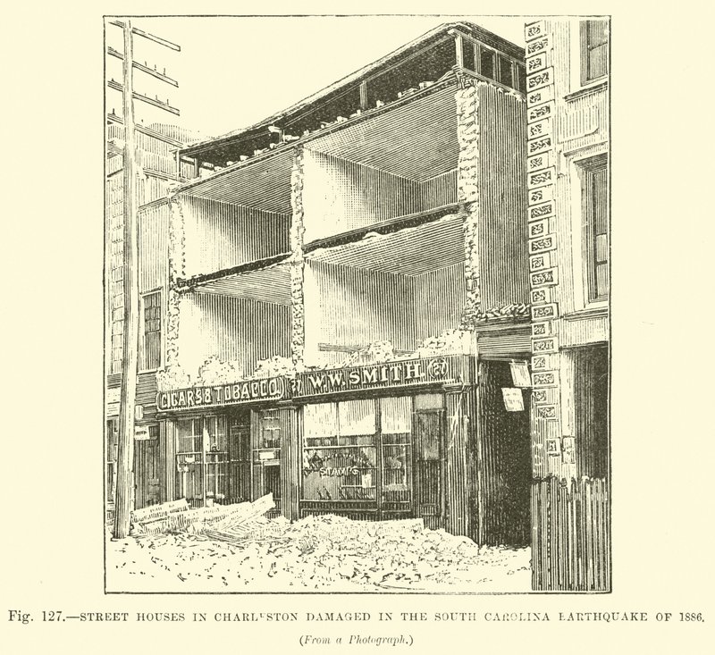 Straßenhäuser in Charleston, beschädigt im Erdbeben von South Carolina 1886 von English School