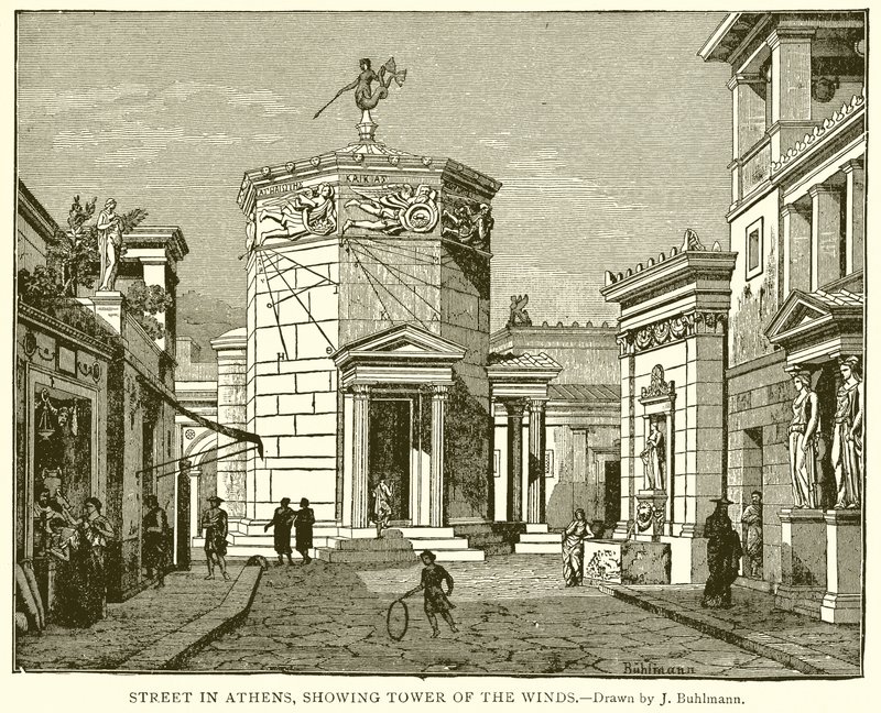 Straße in Athen, zeigt den Turm der Winde von English School