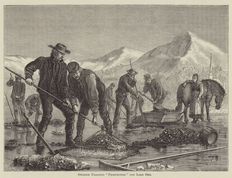 Schwedische Bauern "erkunden" nach Seenerz (Gravur) von English School