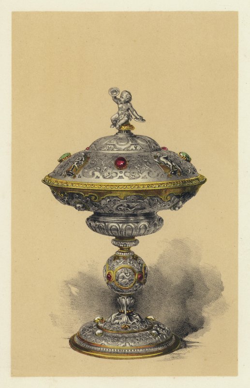 Tazza mit Deckel, in Silber mit Edelsteinen besetzt von English School