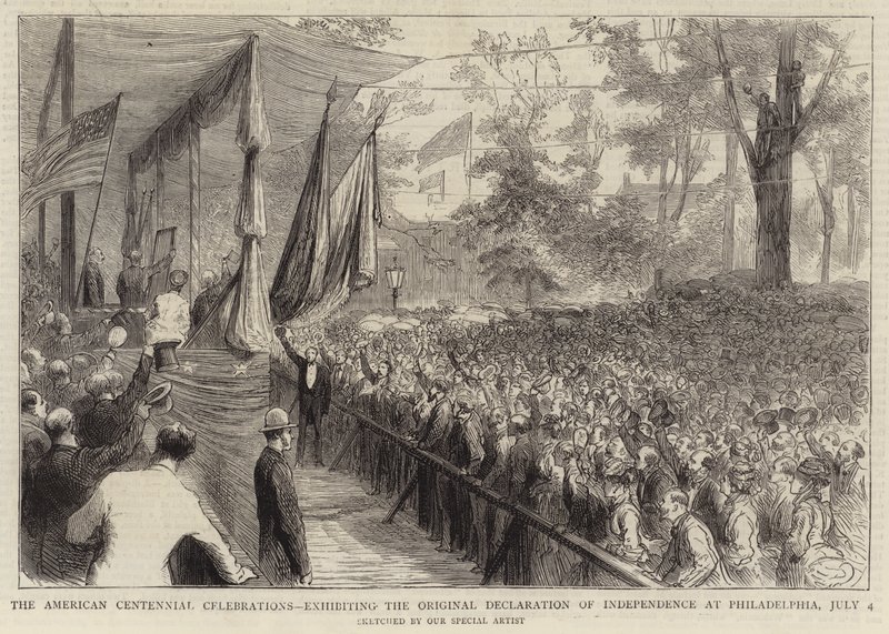 Die amerikanischen Jahrhundertfeiern, Ausstellung der Originalunabhängigkeitserklärung in Philadelphia, 4. Juli (Gravur) von English School