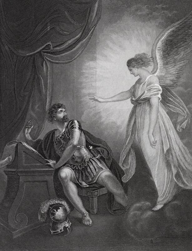 Der Engel erscheint Cornelius, Apostelgeschichte, Kap. 10, Vers 4 (Gravur) von English School