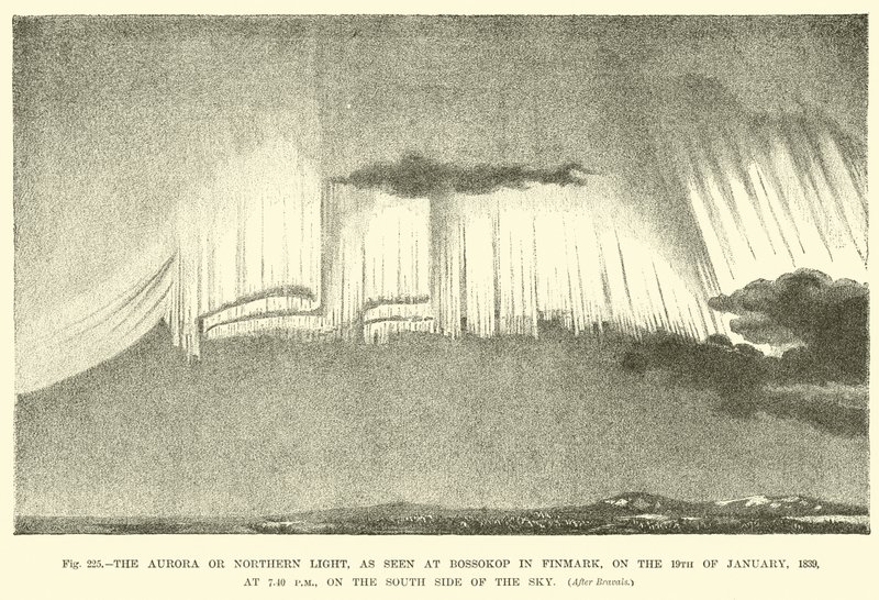 Das Nordlicht, wie es am 19. Januar 1839 um 19:40 Uhr auf der Südseite des Himmels in Bossokop in Finmark zu sehen war von English School