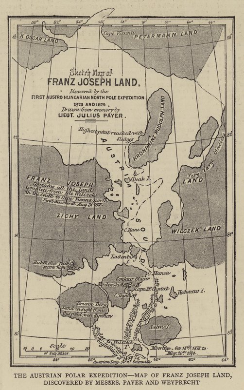 Die österreichische Polarexpedition, Karte von Franz-Joseph-Land, entdeckt von Messers Payer und Weyprecht von English School