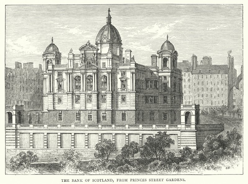 Die Bank von Schottland, von Princes Street Gardens (Stich) von English School