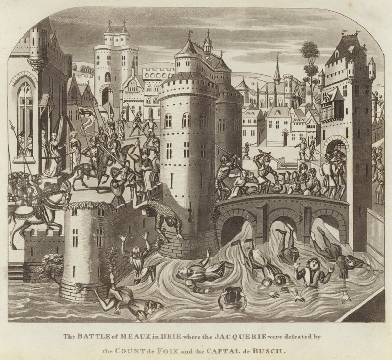 Die Schlacht von Meaux in Brie, wo die Jacquerie von Graf de Foix und dem Captal de Buch besiegt wurden von English School