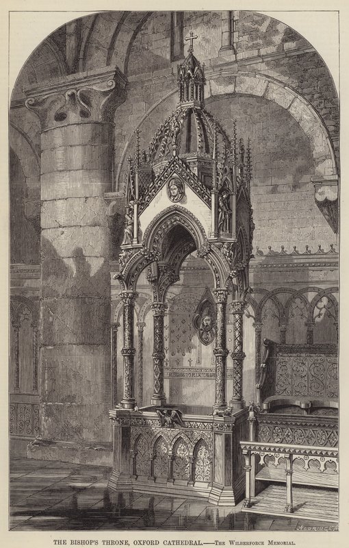 Der Bischofsthron, Oxford Cathedral, das Wilberforce-Denkmal (Stich) von English School