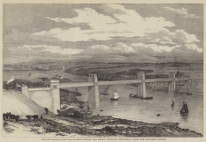 Die Britannia-Röhrenbrücke über die Menai-Straße (Stich) von English School
