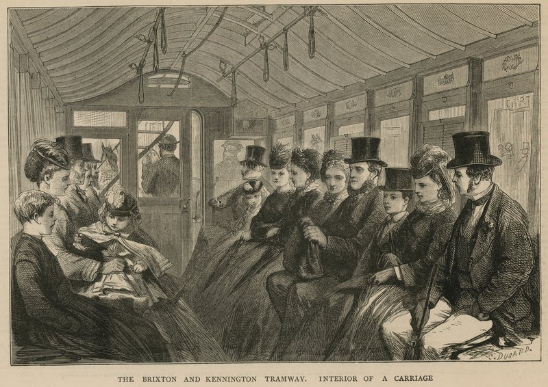 Die Brixton und Kennington Straßenbahn - Innenansicht eines Wagens von English School