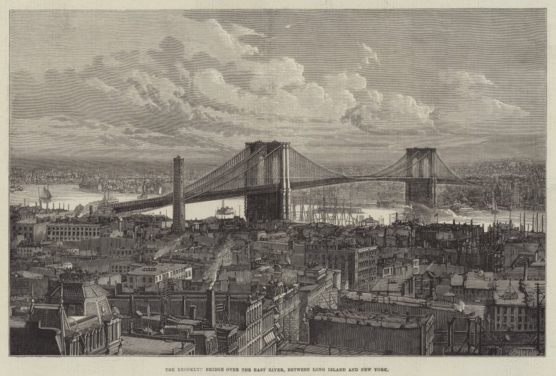 Die Brooklyn-Brücke über den East River, zwischen Long Island und New York (Gravur) von English School