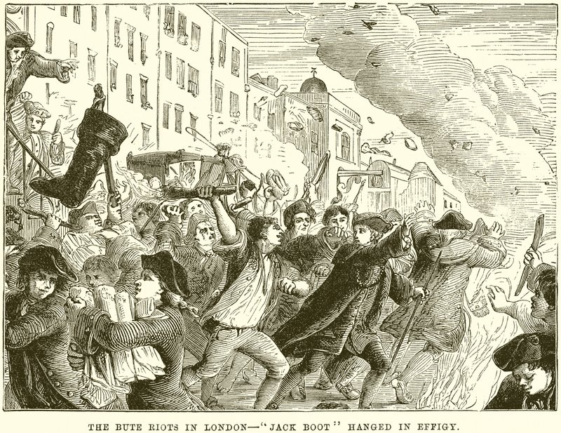 Die Bute-Unruhen in London - Jack Boot als Puppe aufgehängt von English School