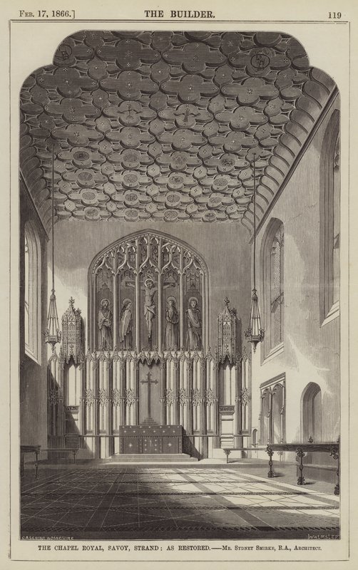 Die Chapel Royal, Savoy, Strand, wie restauriert, Mr. Sydney Smirke, RA, Architekt (Gravur) von English School
