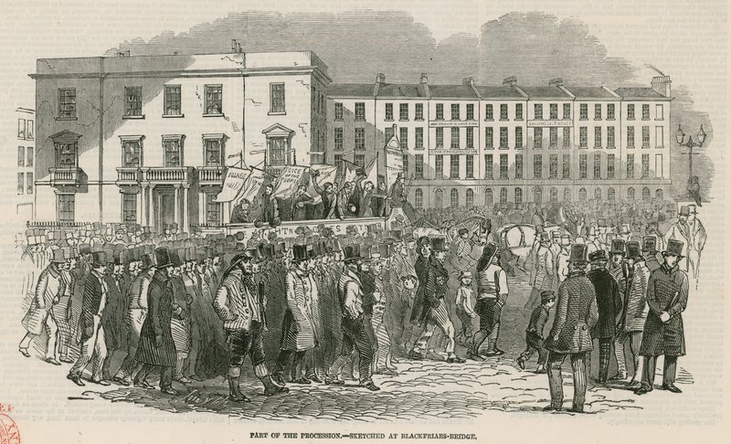 Das Chartisten-Treffen auf Kennington Common im Jahr 1848, Teil der Prozession - skizziert an der Blackfriars Bridge von English School