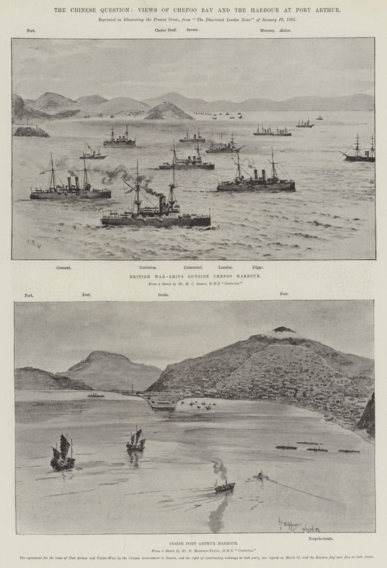 Die chinesische Frage, Ansichten von Chefoo Bay und dem Hafen von Port Arthur von English School