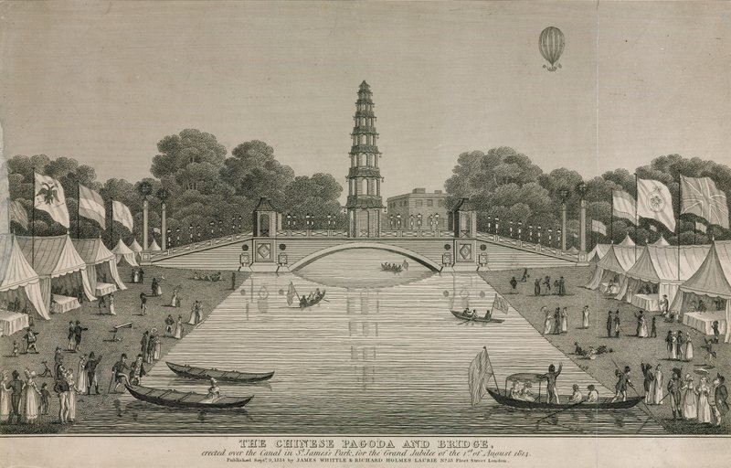 Die chinesische Pagode und Brücke, errichtet über den Kanal im St Jamess Park für das große Jubiläum, 1814 von English School