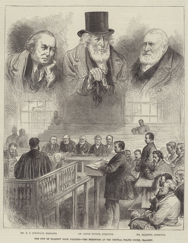 Der Bankrott der City of Glasgow Bank, die Gefangenen im Zentralen Polizeigericht, Glasgow (Gravur) von English School