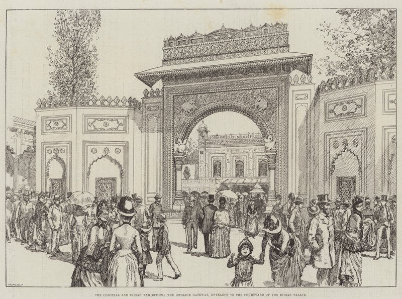 Die Kolonial- und Indien-Ausstellung, das Gwalior-Tor, Eingang zum Innenhof des indischen Palastes (Gravur) von English School