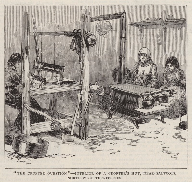 "Die Crofter-Frage", Innenansicht einer Crofter-Hütte in der Nähe von Saltcots, Nordwest-Territorien von English School