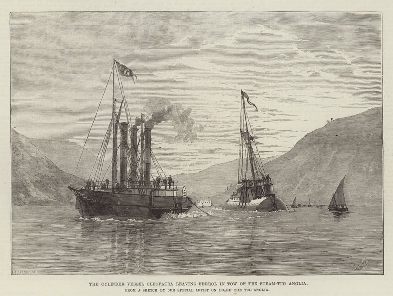 Das Zylinderschiff Cleopatra verlässt Ferrol im Schlepptau des Dampfschleppers Anglia (Gravur) von English School